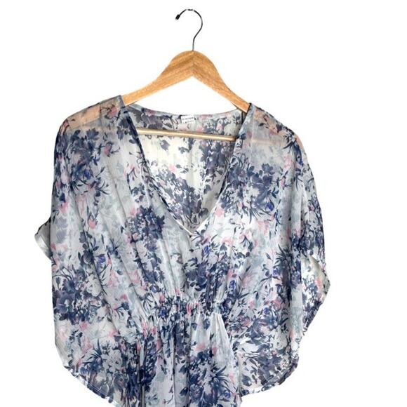 Floral Cover Up One Size Sheer White Blue Purple Knee Length V Neck Lightweight - Picture 2 of 7